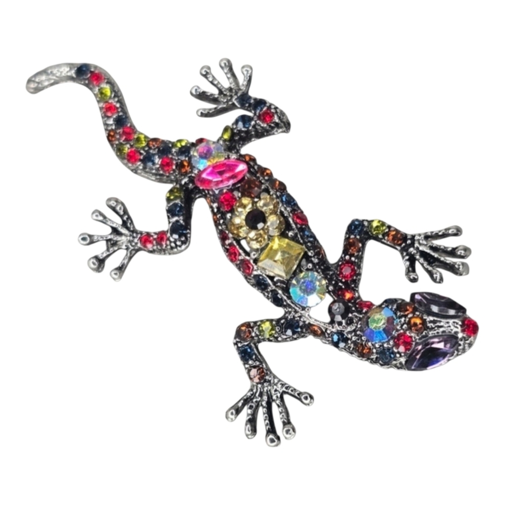 Lizard Gecko Brooch Pin Silver Tone Rhinestone Animal Colorful Fun Nature
